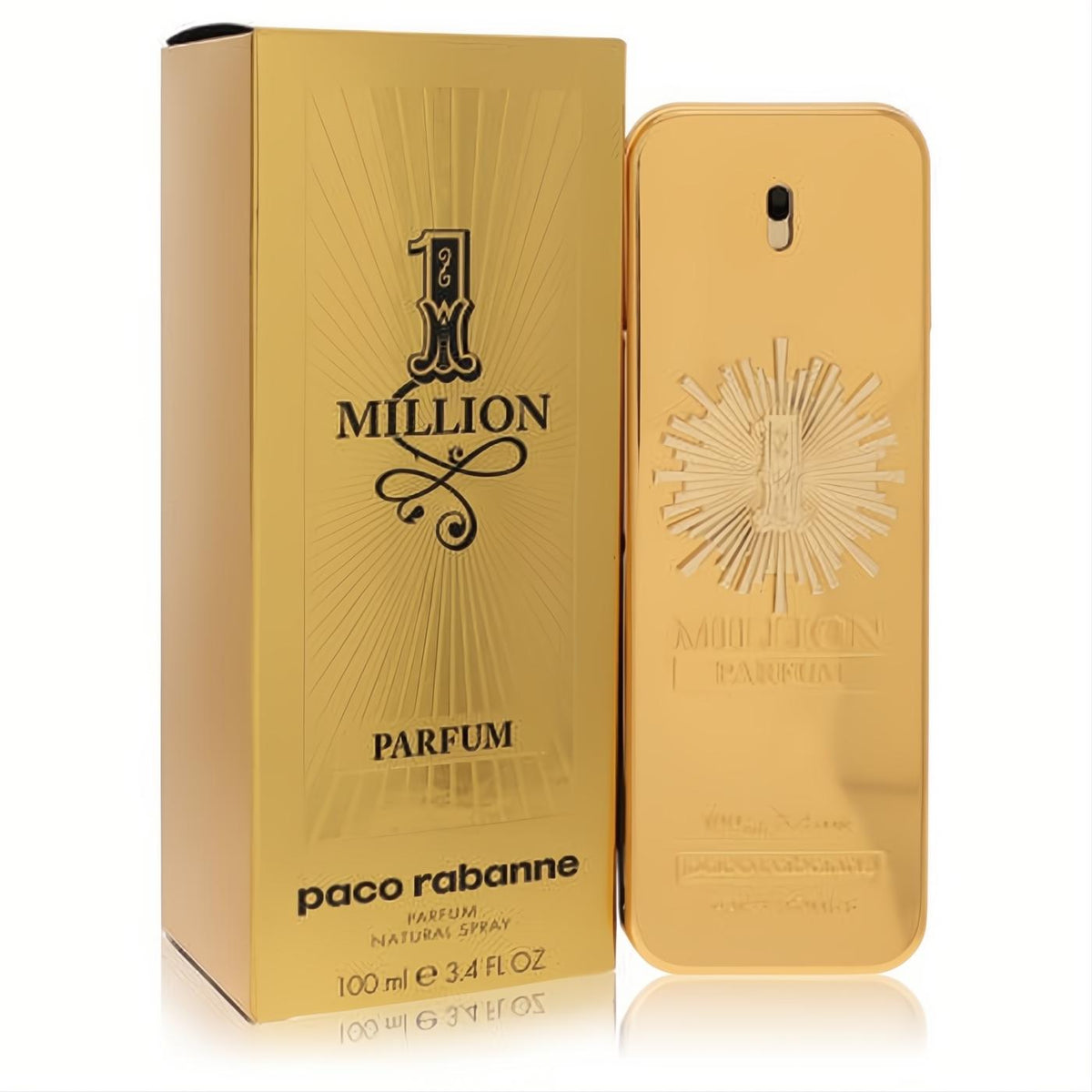 Iconic gold Paco Rabanne 1 Million Parfum 3.4 oz men's spray. Sleek gold bar bottle with sunburst detail and matching box.