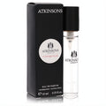 Atkinsons 41 Burlington Arcade unisex mini EDP spray, 10ml. Clear glass bottle with sleek black cap, next to its elegant black box featuring the iconic logo.