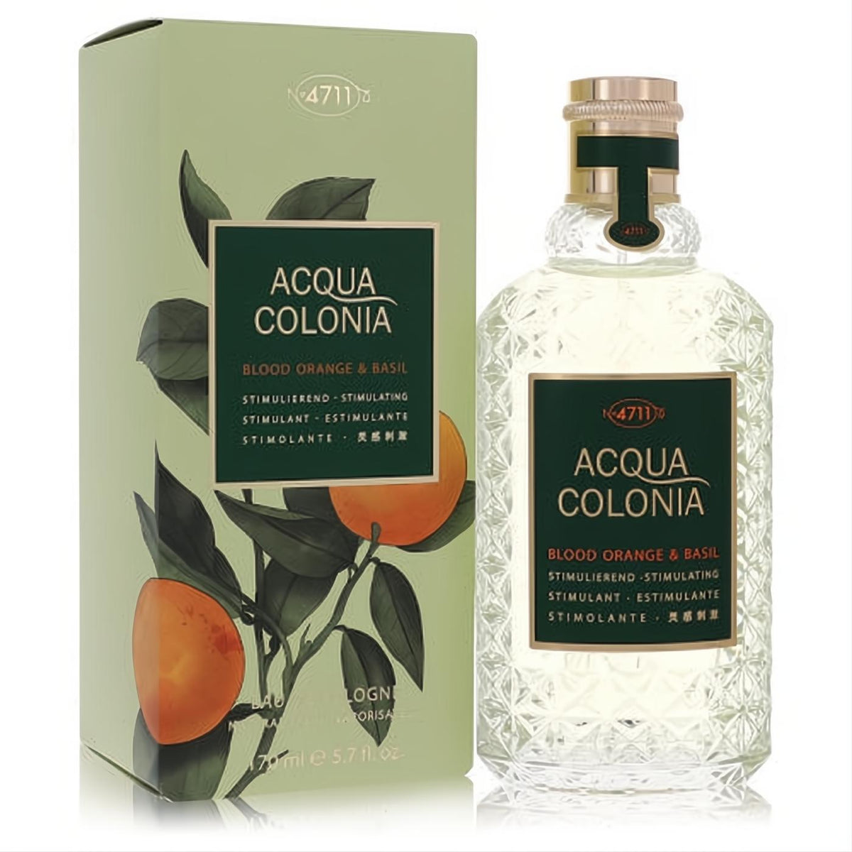 4711 Acqua Colonia Blood Orange & Basil 5.7 oz unisex cologne. Elegant textured bottle, gold cap, vibrant green box with orange design.