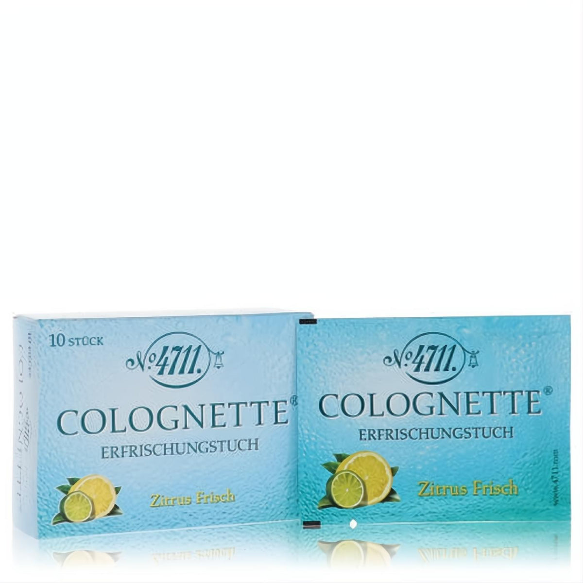 Light blue 4711 Colognette Refreshing Lemon wipes. Box of 10 and single packet with vibrant citrus design for instant freshness.