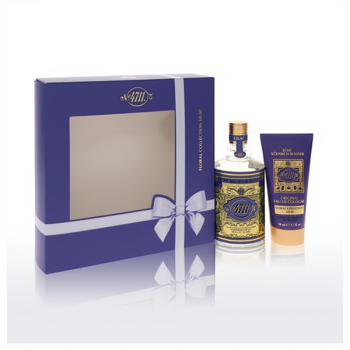 Exquisite 4711 Lilac gift set: purple box with white bow, classic gold-labeled cologne spray, and coordinating shower gel.