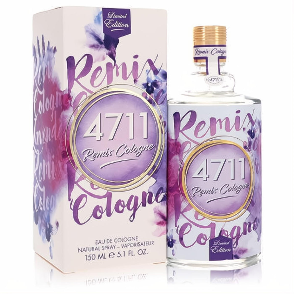 Unisex 4711 Remix Lavender 5.1 oz Limited Edition cologne spray in a vibrant purple floral bottle with a gold cap, beside its matching box.