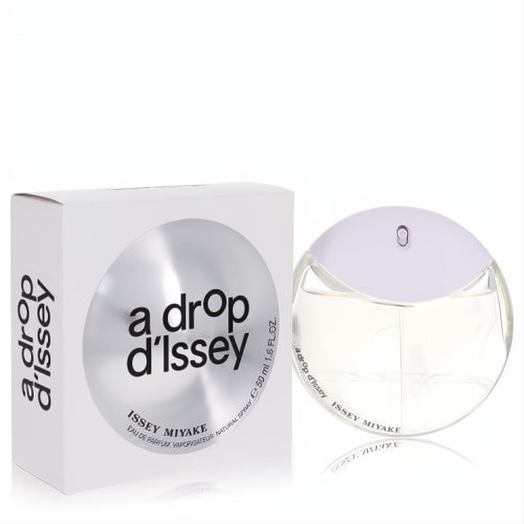 Issey Miyake A Drop D'issey 1.6 oz EDP spray. Elegant clear round bottle with lavender cap and matching white box.