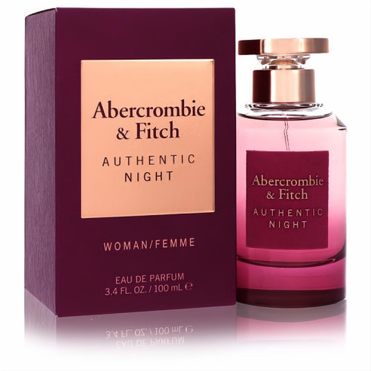 Captivating Abercrombie & Fitch Authentic Night 3.4 oz women's Eau De Parfum. Features a chic pink bottle, rose gold cap, and elegant burgundy box.