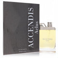 Accendis Aclus unisex Eau de Parfum, 3.4 oz. Elegant clear bottle with light yellow liquid, silver cap, next to its dark grey textured box.