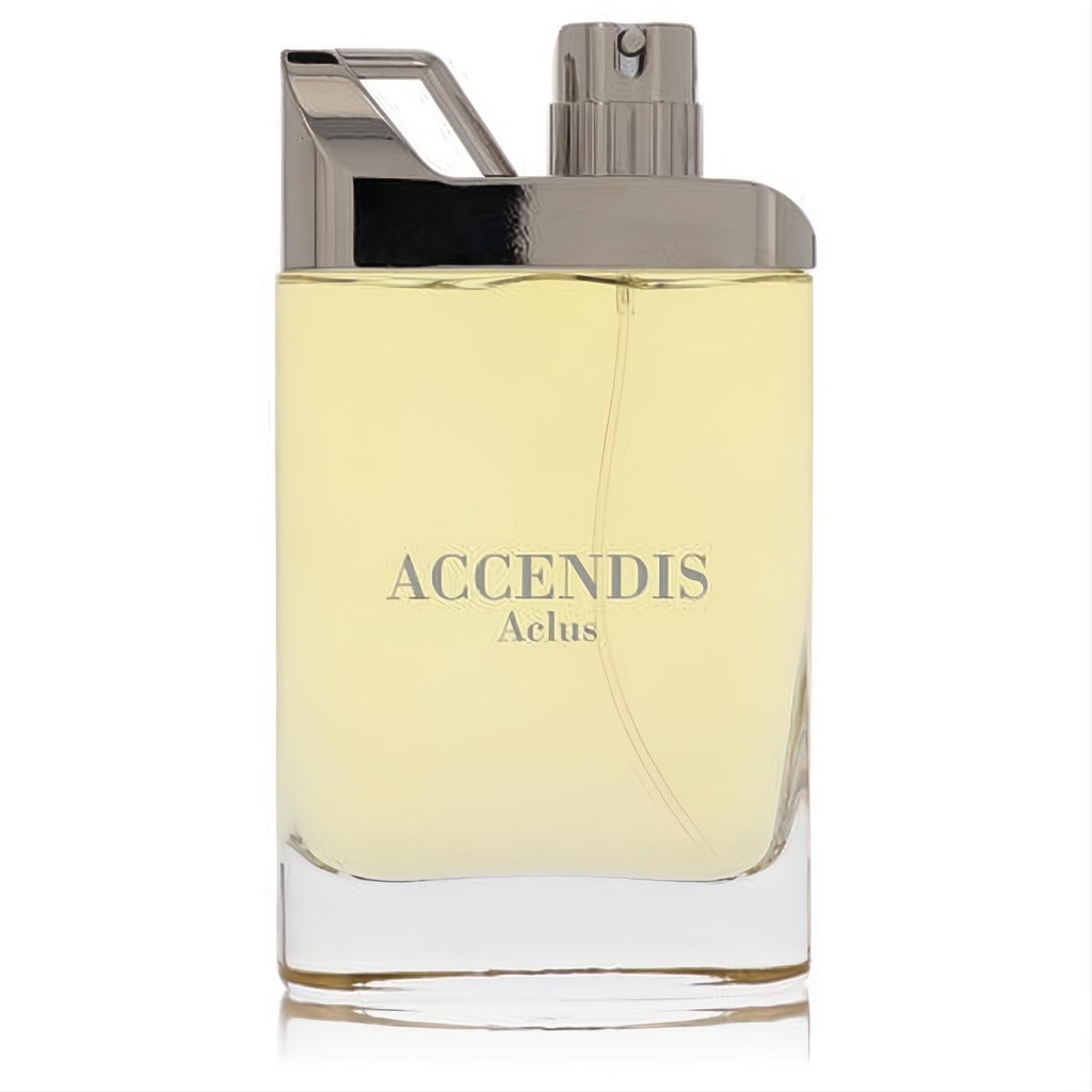 Sophisticated Accendis Aclus unisex fragrance in a clear glass bottle with golden liquid and a striking silver metallic cap.