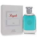 Luxurious Acqua Di Parisis Royale men's 3.3 oz Eau De Parfum. Clear bottle with striking aqua blue fragrance, silver cap, and elegant white box.