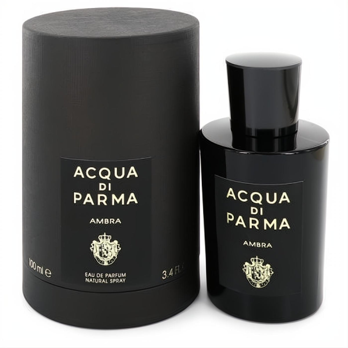 Sophisticated Acqua Di Parma Ambra 3.4 oz black Eau de Parfum spray and matching cylindrical box with elegant gold branding.