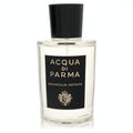 Luxurious Acqua Di Parma Magnolia Infinita EDP. Clear glass bottle, black label, gold crest, sleek black cap.
