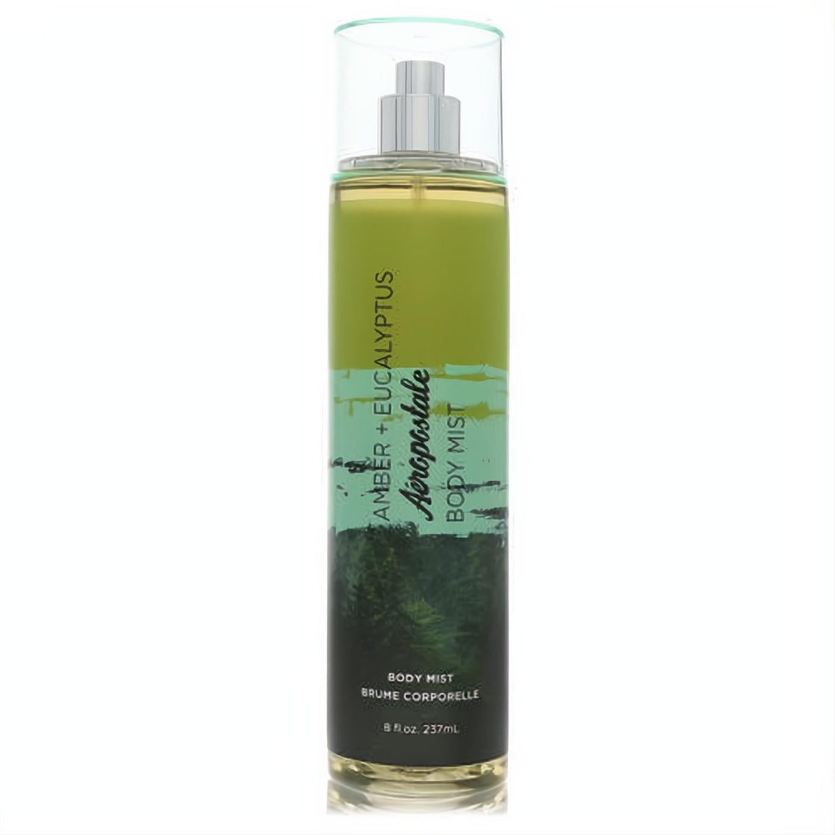 Aeropostale Amber & Eucalyptus 8 oz body mist. Clear bottle with refreshing green forest design, metallic sprayer, and clear cap.