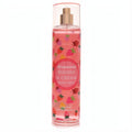 Invigorating Aeropostale Berries & Cream 8 oz body mist. Clear bottle, pink liquid, vibrant strawberry and berry print, elegant rose gold sprayer.