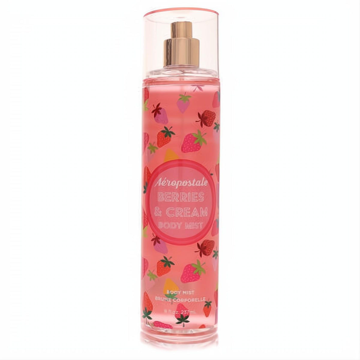 Invigorating Aeropostale Berries & Cream 8 oz body mist. Clear bottle, pink liquid, vibrant strawberry and berry print, elegant rose gold sprayer.