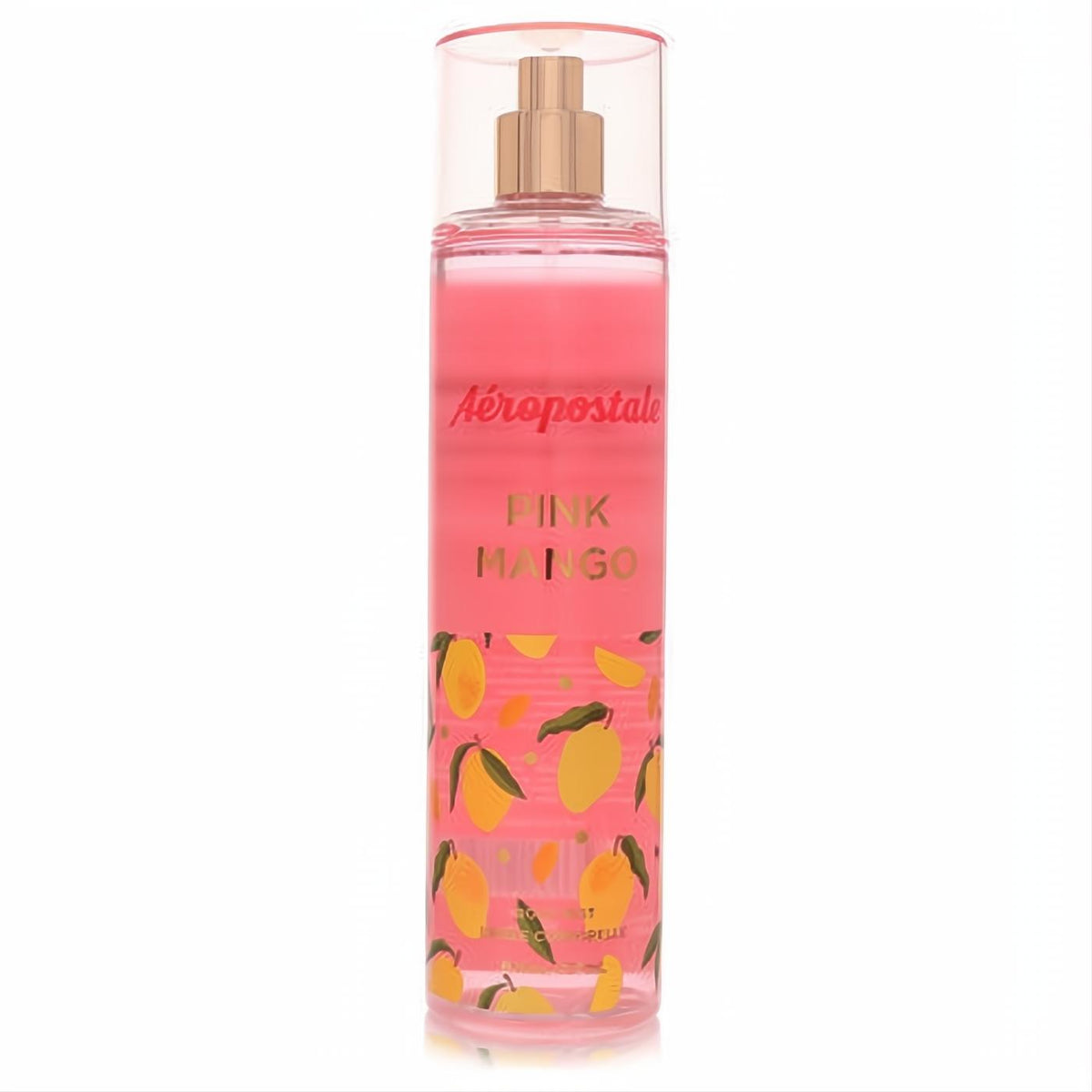 Indulge in Aeropostale Pink Mango 8 oz body mist. Clear bottle, vibrant pink fragrance, rose gold pump, and playful mango art.
