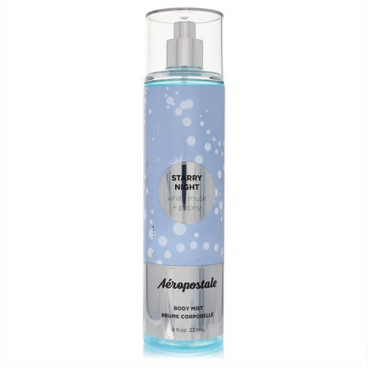 Aeropostale Starry Night 8 oz body mist. Celestial blue bottle with sparkling white stars, sleek silver base, and white musk + peony scent.