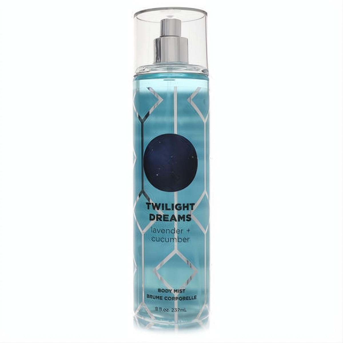 Aeropostale Twilight Dreams lavender + cucumber 8 oz body mist. Clear bottle, light blue liquid, silver geometric design.