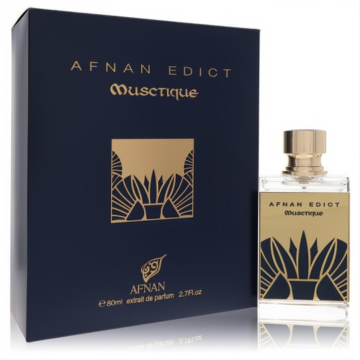 Afnan Edict Musctique 2.7 oz unisex extrait de parfum. Luxurious dark blue box, gold design, clear glass bottle, gold cap.