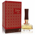 Elegant Afnan Mirsaal With Love 3 oz EDP spray. Clear glass bottle with gold accents, dark cap, beside a luxurious red and gold patterned box.