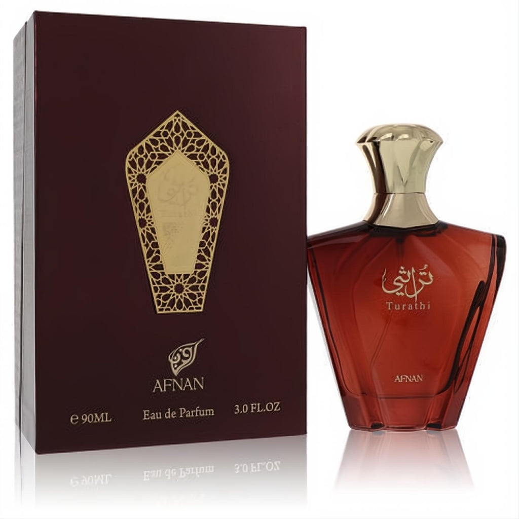 Afnan Turathi Brown 3 oz men's Eau de Parfum. Rich burgundy faceted bottle with gold cap and ornate matching box.