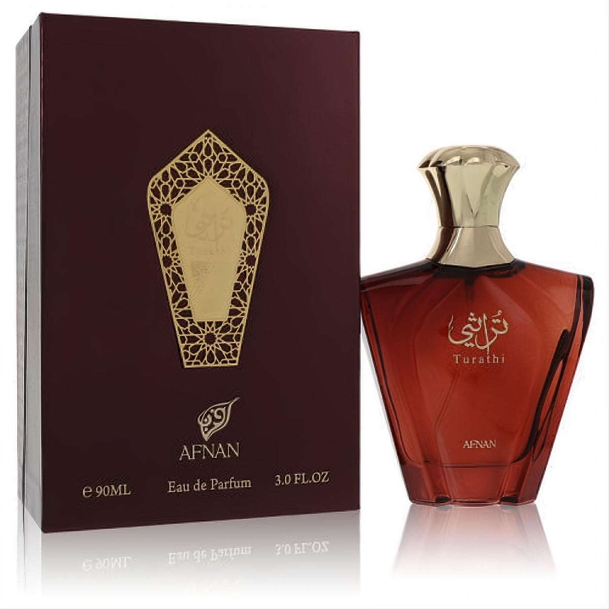 Afnan Turathi Brown 3 oz men's Eau de Parfum. Rich burgundy faceted bottle with gold cap and ornate matching box.