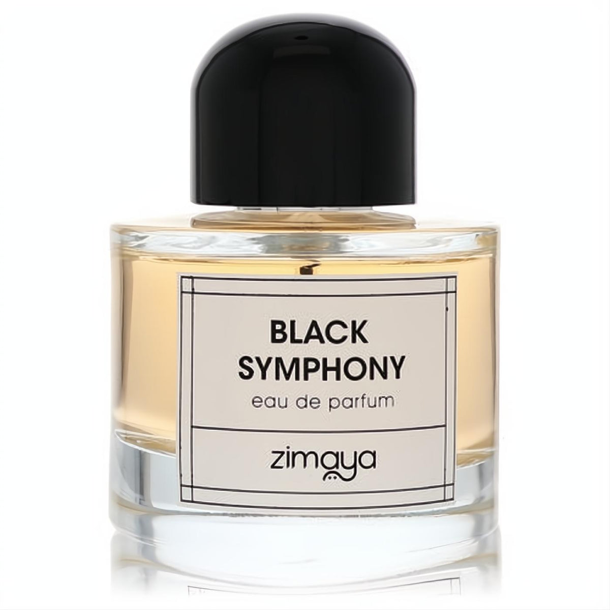Captivating Afnan Zimaya Black Symphony 3.4 oz unisex eau de parfum. Clear glass bottle with a sleek black cap and golden amber liquid.