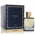 Elegant Afnan Zimaya Impulse Oud 3.4 oz Eau de Parfum. Luxurious navy and gold box with geometric design, clear glass bottle.