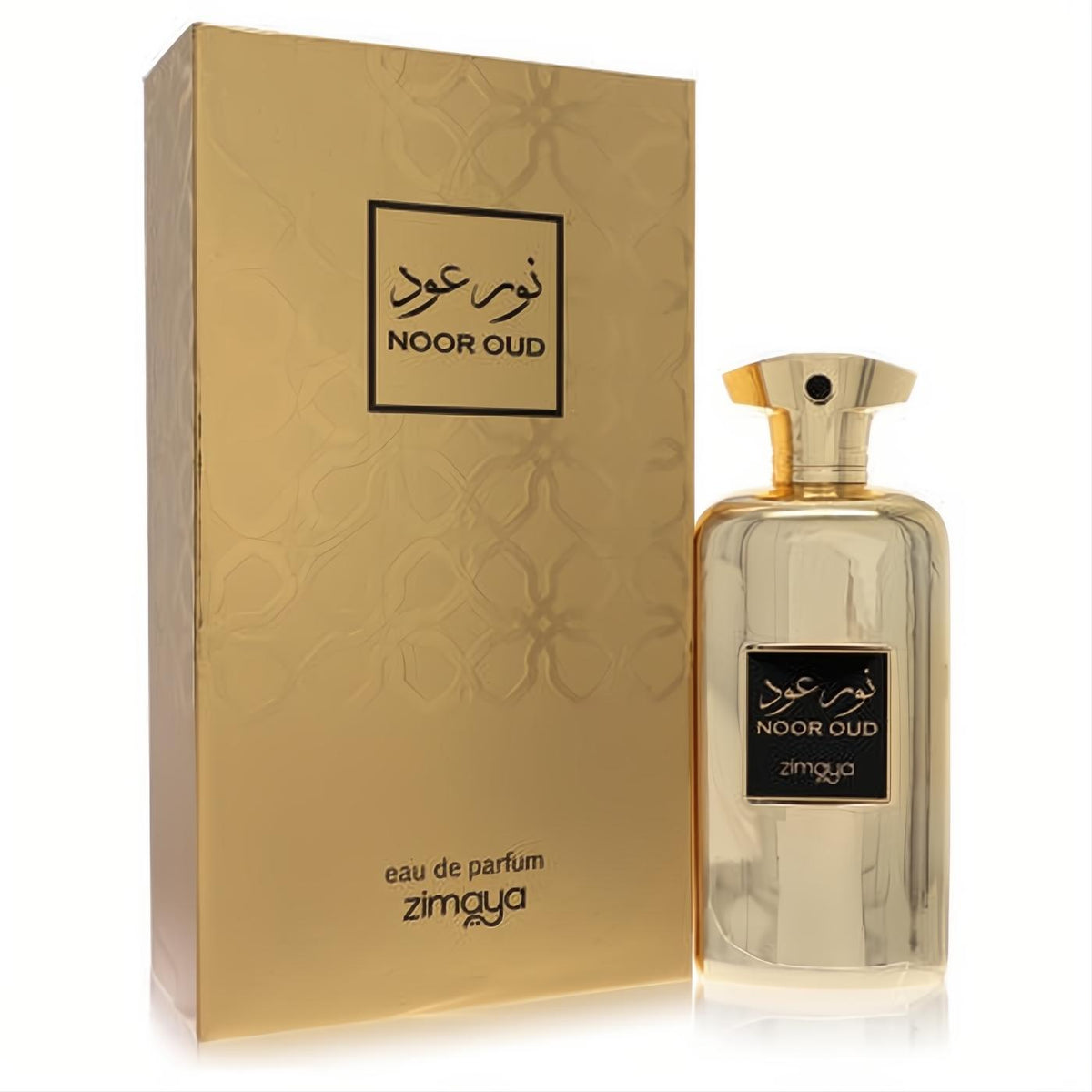 Luxurious gold Afnan Zimaya Noor Oud 3.4 oz unisex Eau De Parfum bottle with sleek design and elegant embossed box.