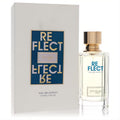 Afnan Zimaya Reflect 3.4 oz unisex EDP. Clear bottle with gold cap, next to its white box with bold blue 'REFLECT' design.