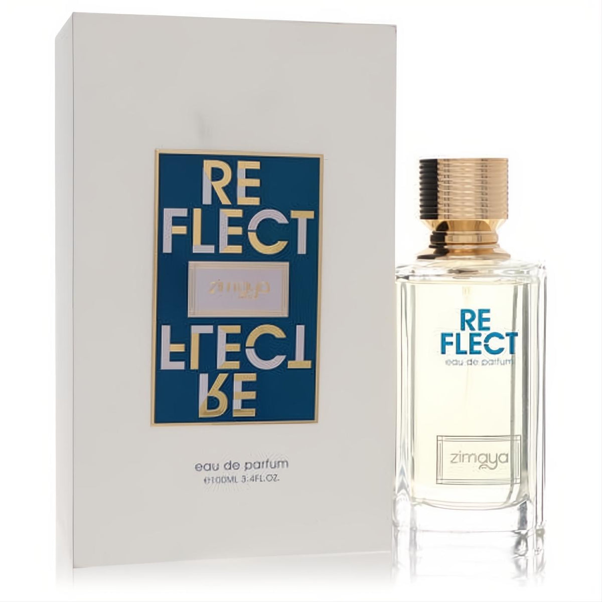 Afnan Zimaya Reflect 3.4 oz unisex EDP. Clear bottle with gold cap, next to its white box with bold blue 'REFLECT' design.