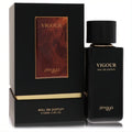 Luxurious Zimaya Vigour 3.4 oz men's eau de parfum. Sleek black bottle with gold lettering and elegant matching box.