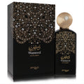 Afnan Zimaya Wameed unisex EDP spray: black bottle and box with intricate gold Arabic patterns, elegant gold ribbed cap.