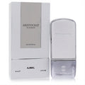 Sophisticated Ajmal Aristocrat Platinum 2.5 oz EDP for men. Sleek silver bottle with textured cap and matching embossed box.