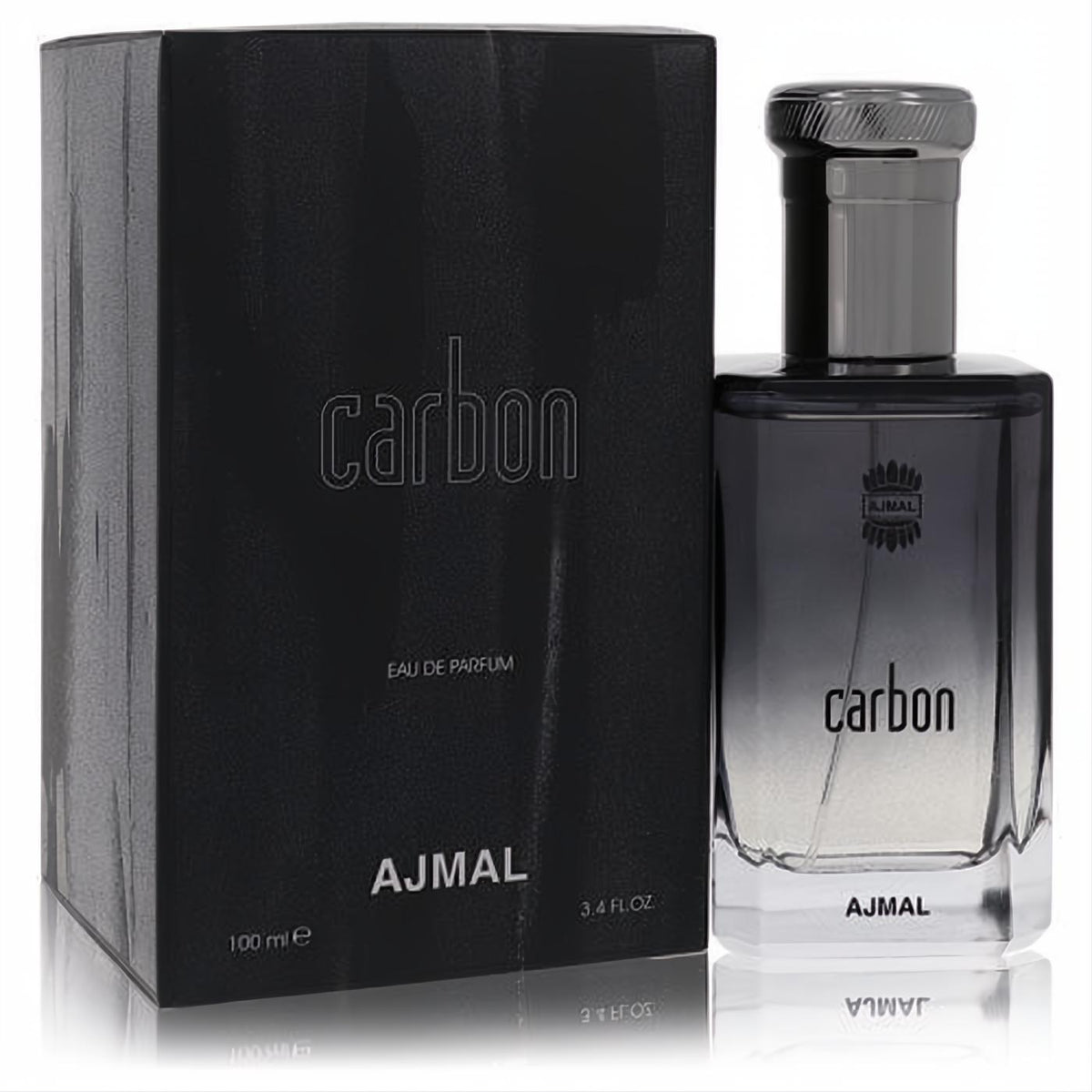 Ajmal Carbon men's Eau De Parfum, 3.4 oz. Sophisticated dark grey glass bottle with silver cap and matching matte black box.