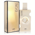 Luxurious Ajmal Evoke Gold Edition 2.5 oz women's EDP. Features a striking gold bottle with a unique sculpted design and elegant matching box.
