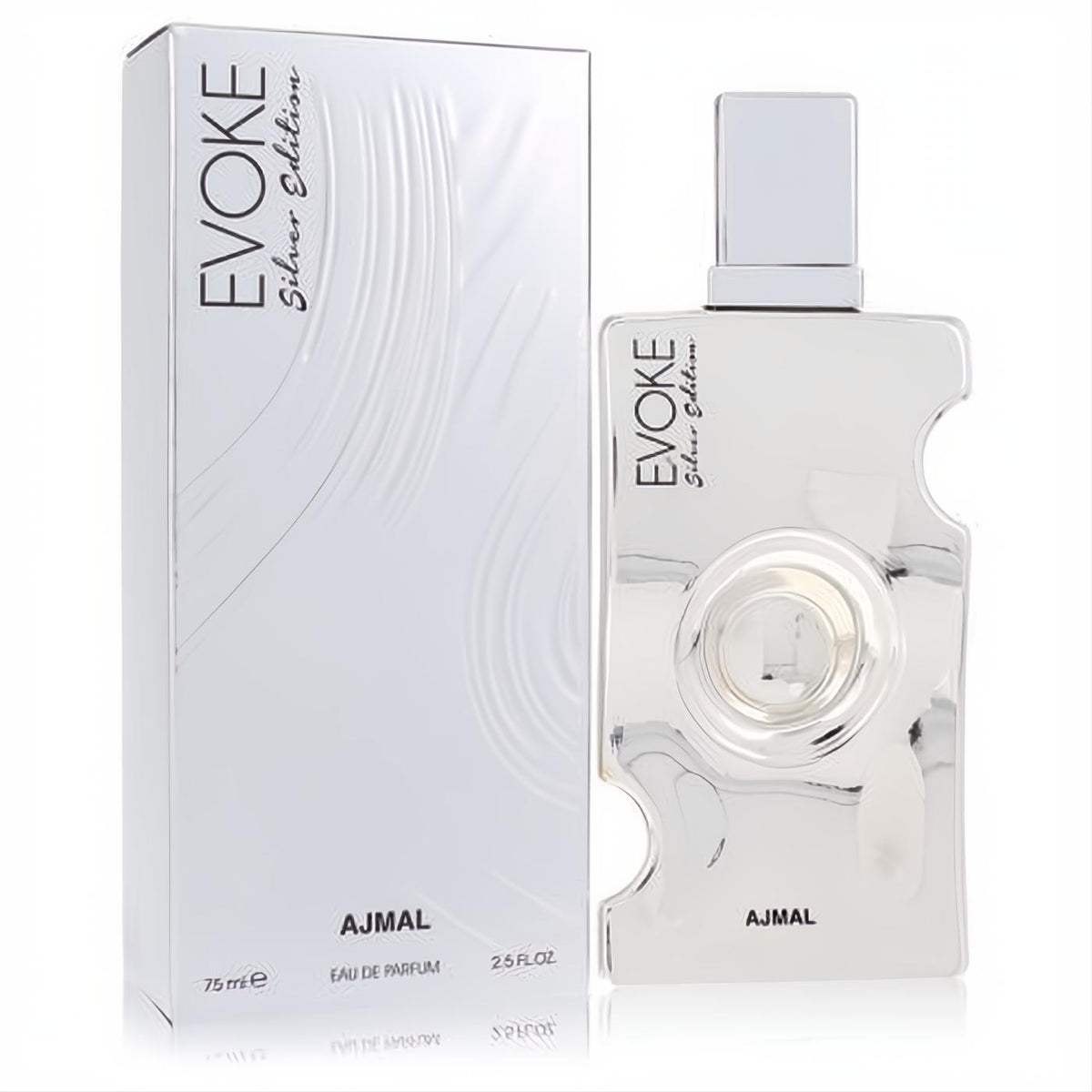 Ajmal Evoke Silver Edition 2.5 oz women's Eau De Parfum. Features a sleek, sculpted silver bottle with its elegant white box.