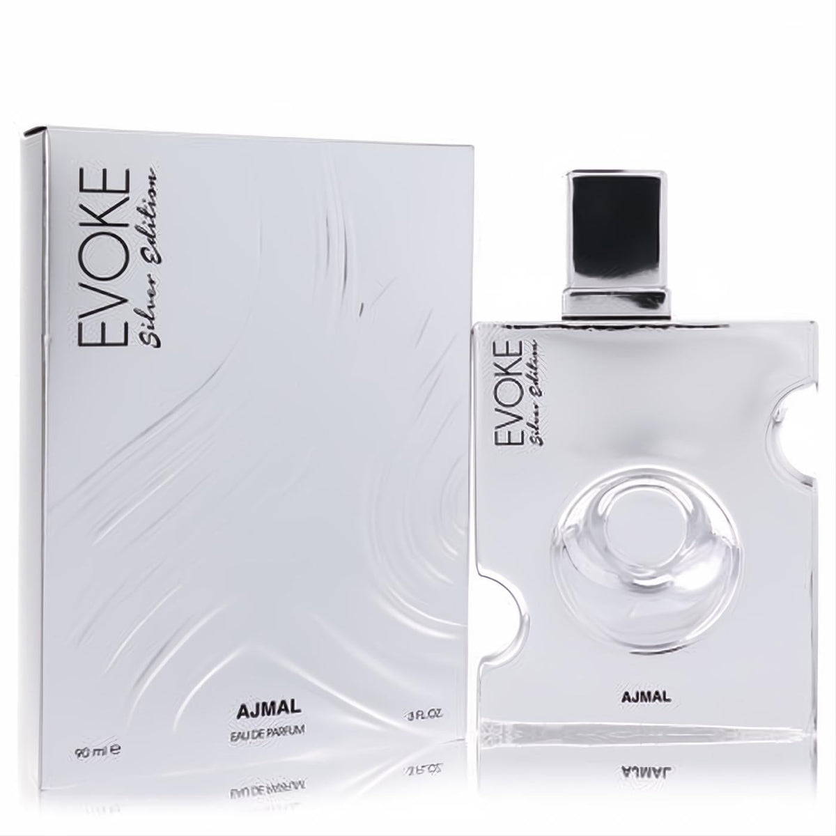 Discover Ajmal Evoke Silver Edition 3 oz men's EDP. Modern silver bottle with unique circular design and matching textured box.