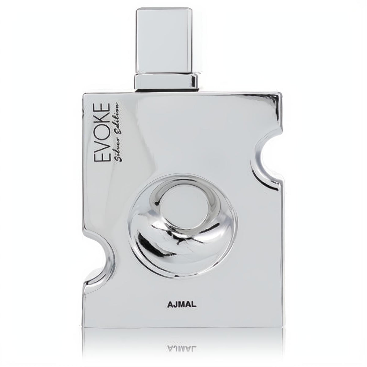 Experience Ajmal Evoke Silver Edition men's cologne. A sleek, modern silver bottle with unique sculpted details.