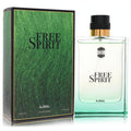 Ajmal Free Spirit 3.4 oz men's EDP, a sleek clear glass bottle with a teal gradient base, beside its vibrant green textured box with gold trim.