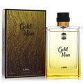 Ajmal Gold Man 3.4 oz Eau De Parfum. Golden liquid in a sleek glass bottle with black & gold cap, beside its elegant textured gold box.