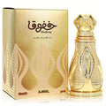 Exquisite Ajmal Khofooq 18ml concentrated perfume. Features a captivating gold bottle with intricate filigree patterns and a regal matching box.