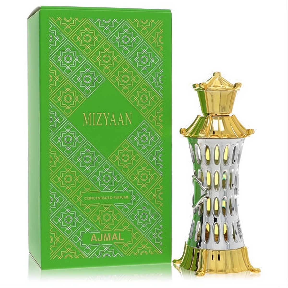 Ajmal Mizyaan .14 oz unisex perfume oil in a regal gold & silver ornate bottle, with a vibrant green patterned box.