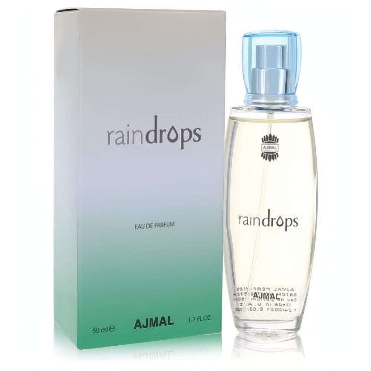 Elegant Ajmal Raindrops 1.7 oz Eau De Parfum: clear glass bottle with light blue cap, alongside its fresh white-to-green box.