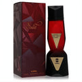 Stunning Ajmal Sonnet 3.4 oz Eau De Parfum in a faceted red bottle with black and gold accents, displayed with its luxurious geometric box.