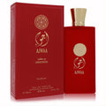 Bold red Ajwaa Concentrated Nusuk Eau De Parfum 3.4 oz spray bottle and box with elegant gold cap and accents.