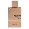 Al Haramain Amber Oud Bleu Edition men's cologne. Luxurious rose gold metallic bottle with striking blue sides and matching cap.