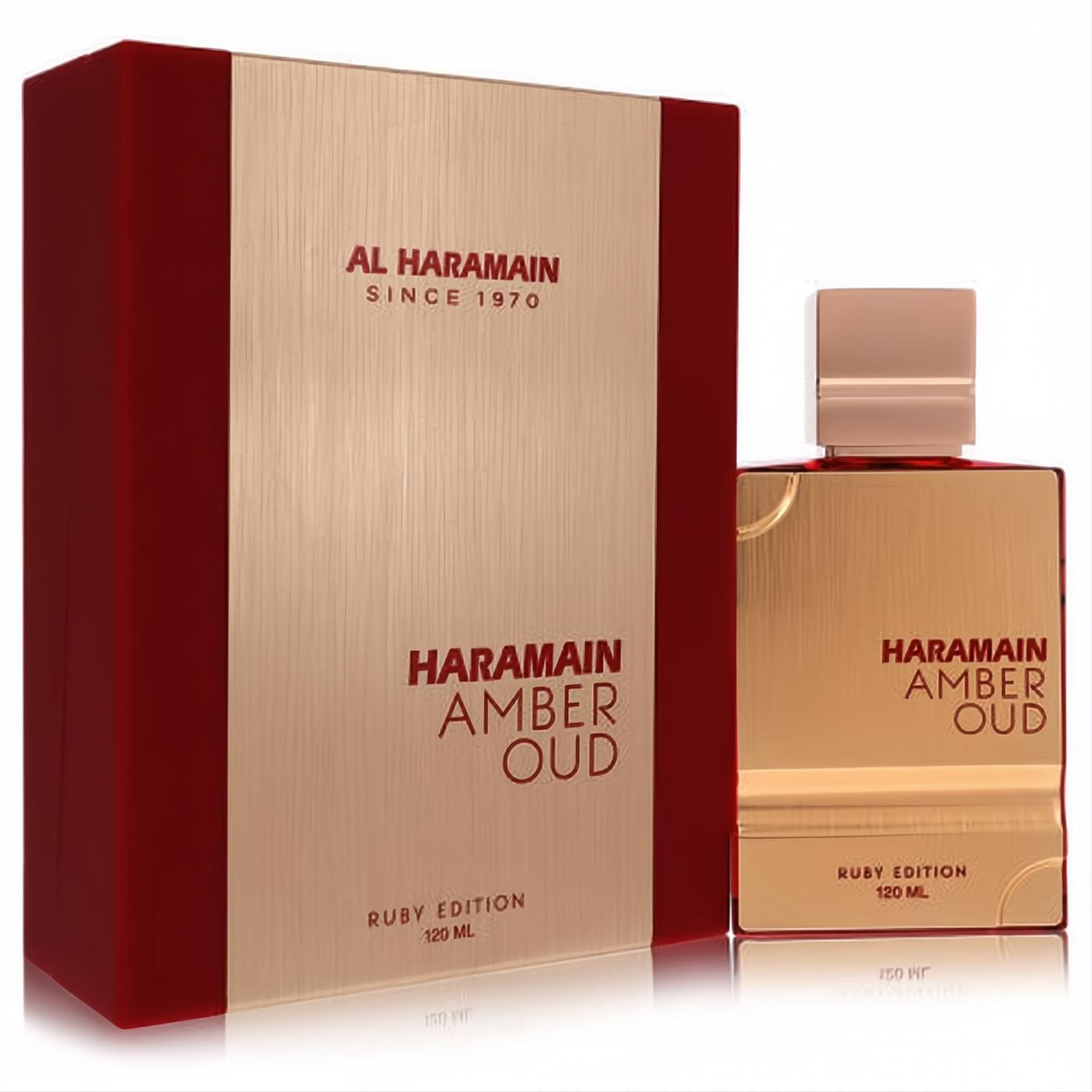Elegant Al Haramain Amber Oud Ruby 120ml unisex EDP. Sleek gold bottle and matching ruby red box with gold accents.