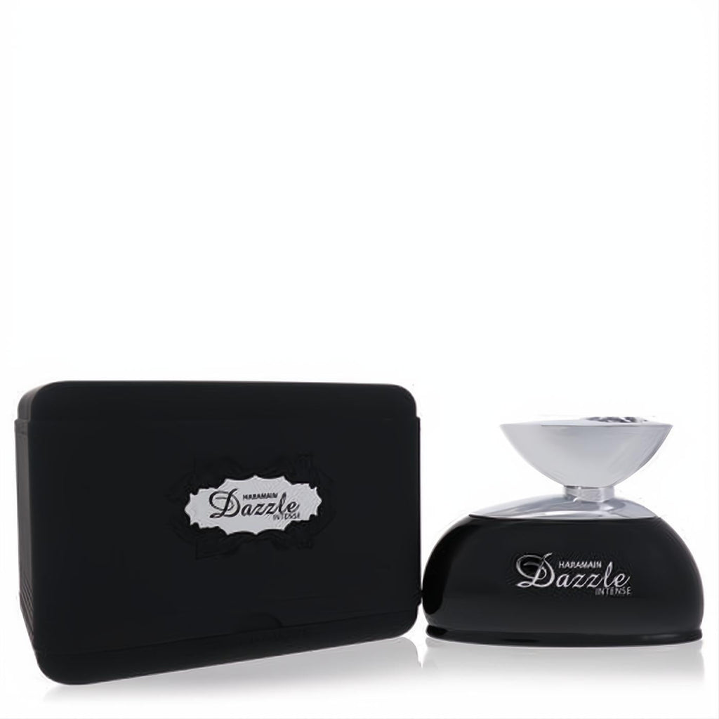Elegant Al Haramain Dazzle Intense perfume in a glossy black bottle with a striking silver cap, accompanied by its sleek matte black case.