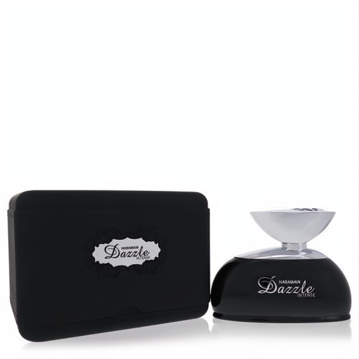Elegant Al Haramain Dazzle Intense perfume in a glossy black bottle with a striking silver cap, accompanied by its sleek matte black case.