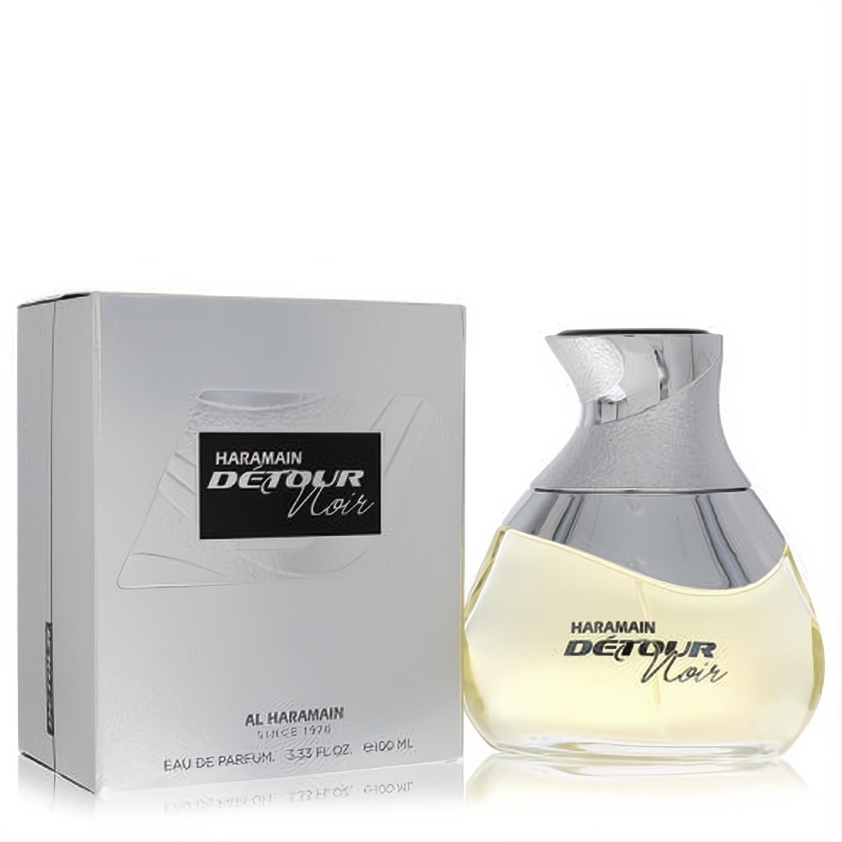 Al Haramain Detour Noir 3.4 oz unisex Eau De Parfum. Elegant clear glass bottle with unique silver cap and sleek silver box.
