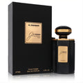 Al Haramain Junoon Noir 2.5 oz EDP. Elegant matte black box and textured bottle with luxurious gold details.