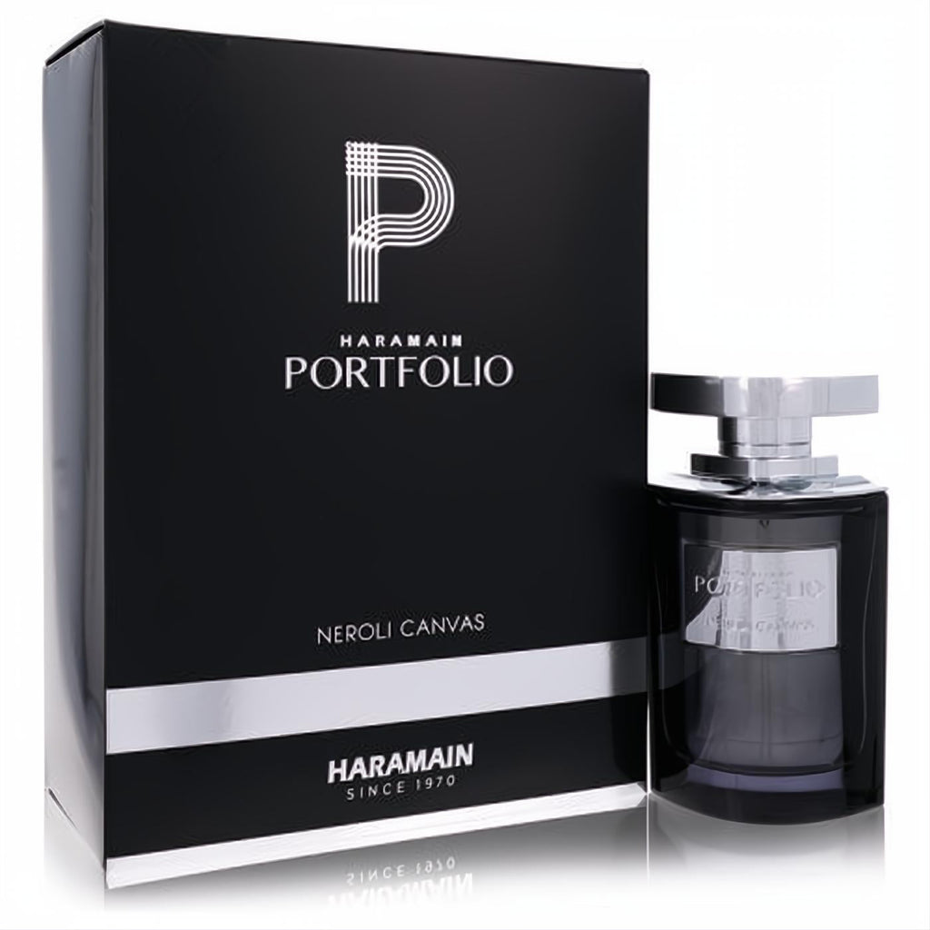 Al Haramain Portfolio Neroli Canvas 2.5 oz men's EDP. Luxurious black box and dark glass bottle with sleek silver design.